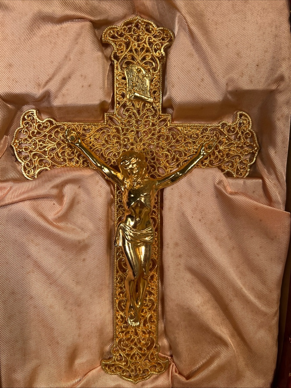 Vintage Ornate Filigree Gilded Metal Wall Crucifix INRI Jesus On Cross